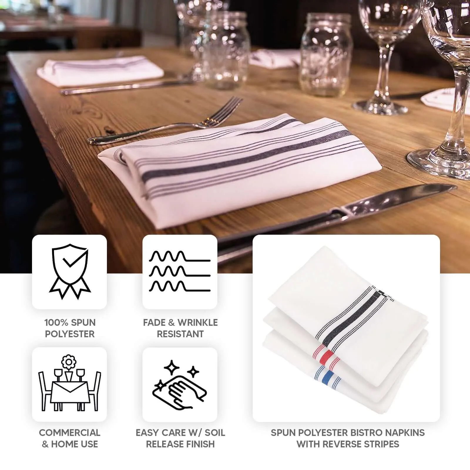 10 Pack White Spun Polyester Cloth Napkins with Gray Reverse Stripes, Premium Restaurant Quality Bistro Napkins - 18"x22"