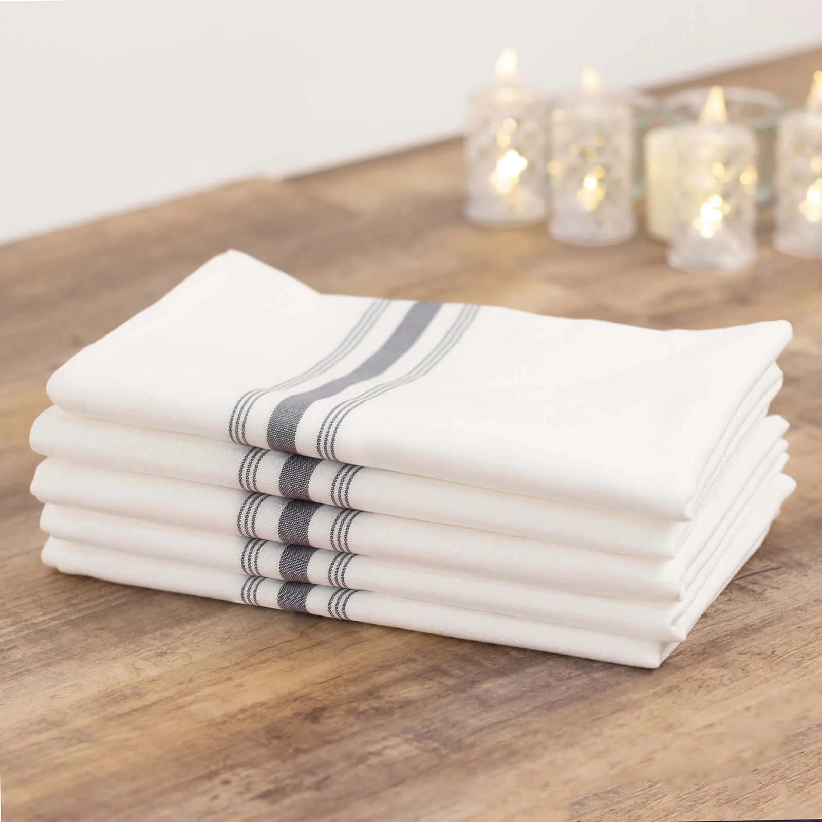 10 Pack White Spun Polyester Cloth Napkins with Gray Reverse Stripes, Premium Restaurant Quality Bistro Napkins - 18"x22"