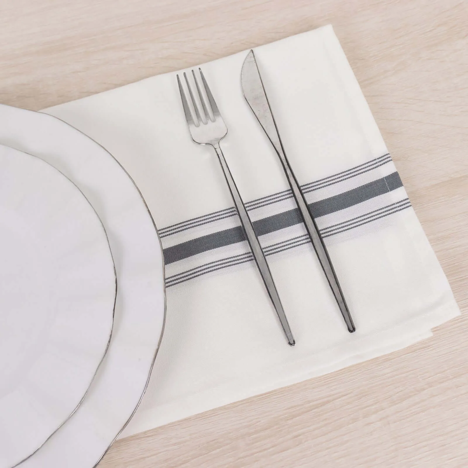 10 Pack White Spun Polyester Cloth Napkins with Gray Reverse Stripes, Premium Restaurant Quality Bistro Napkins - 18"x22"