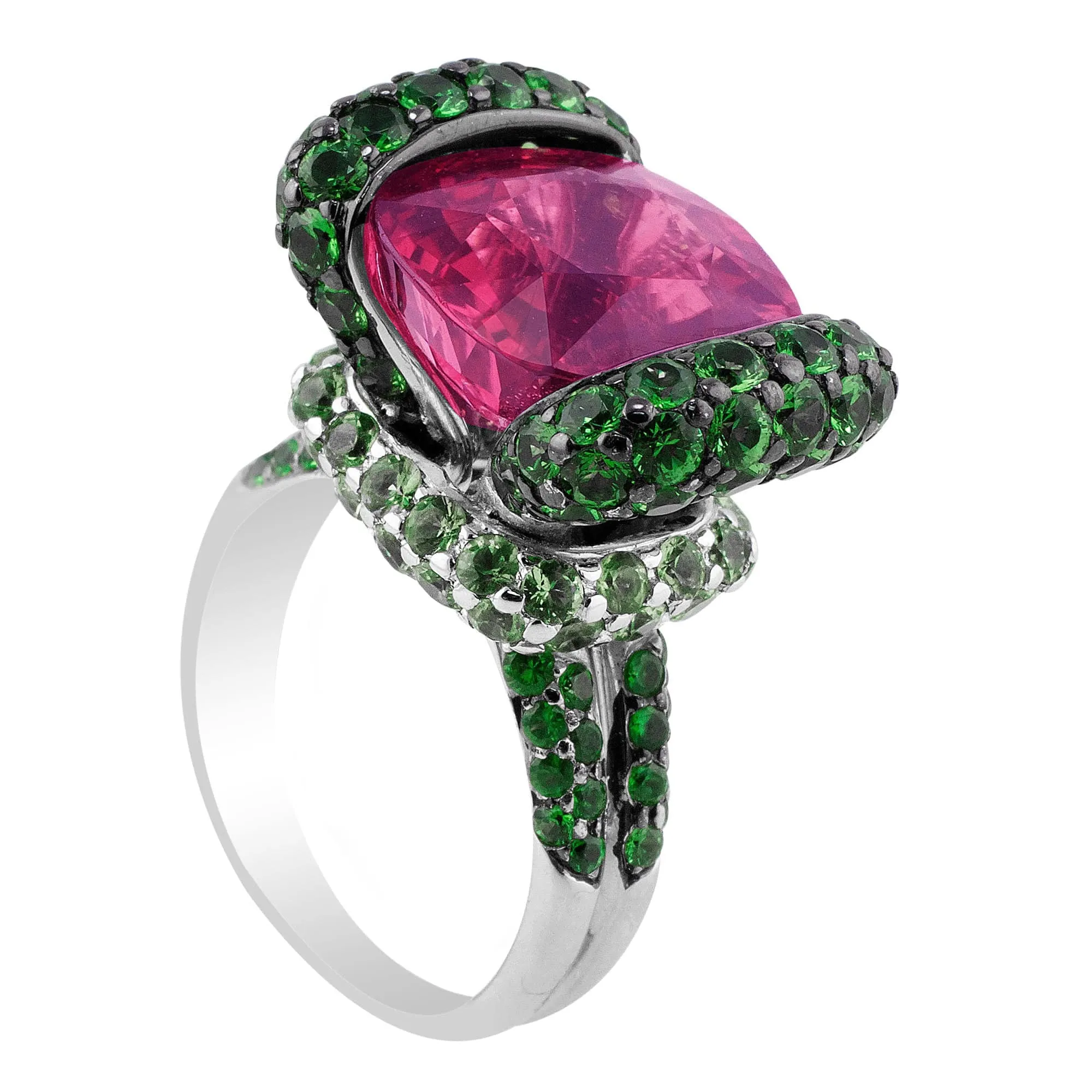 18k White Gold 10ct Pink Tourmaline Green Tsavorite Ring