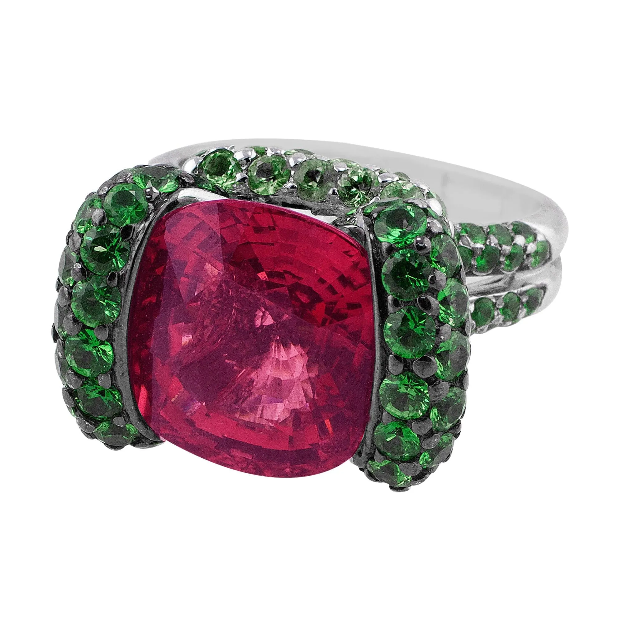 18k White Gold 10ct Pink Tourmaline Green Tsavorite Ring