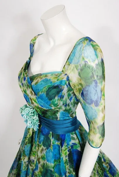 1959 Helga Couture Documented Watercolor Floral Silk Organza Dress