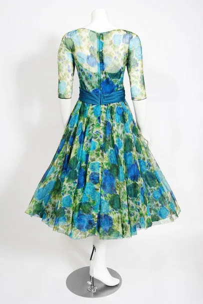 1959 Helga Couture Documented Watercolor Floral Silk Organza Dress