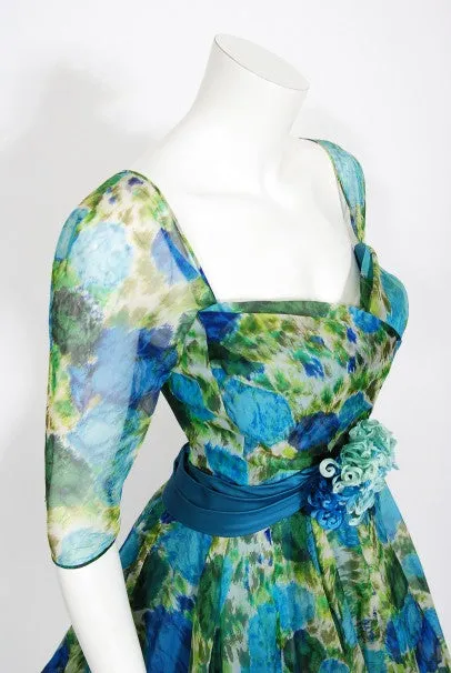 1959 Helga Couture Documented Watercolor Floral Silk Organza Dress