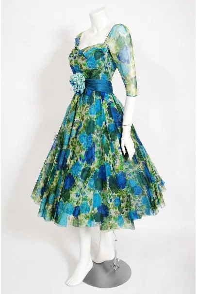 1959 Helga Couture Documented Watercolor Floral Silk Organza Dress