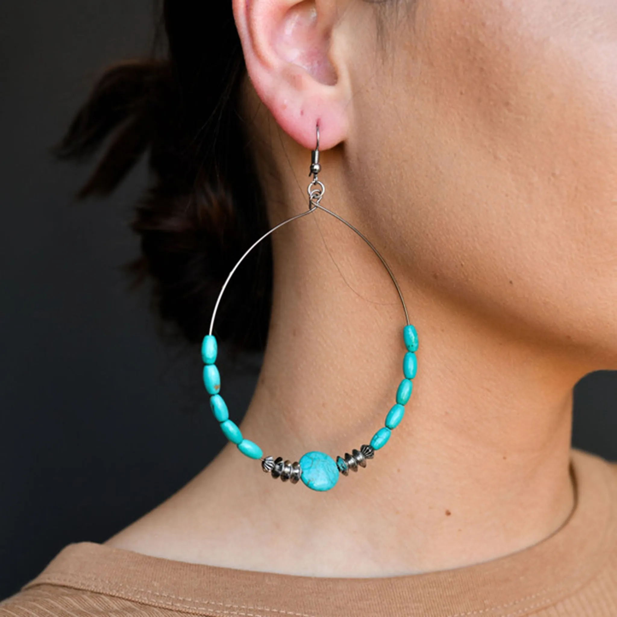 4" Green Turquoise & Silver Disc Beaded Hoop Earrings