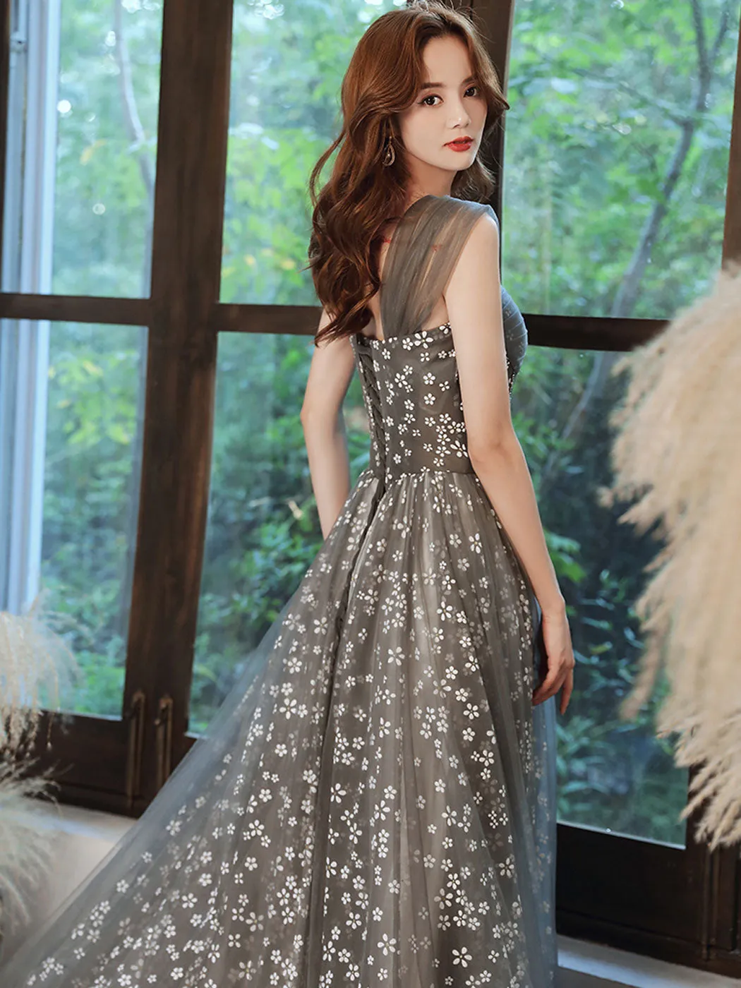 Aline Sweetheart Neck Tulle Gray Long Prom Dresses, Gray Graduation Dresses With Beading