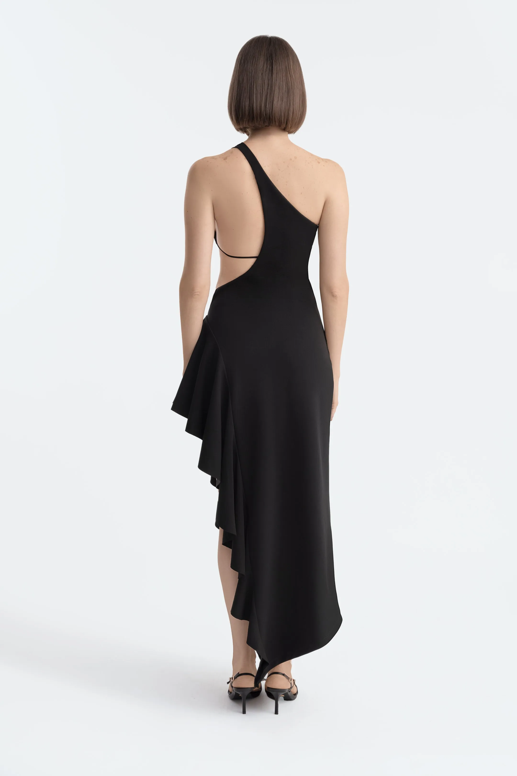 ANNE ASYMMETRIC RUFFLES DRESS BLACK