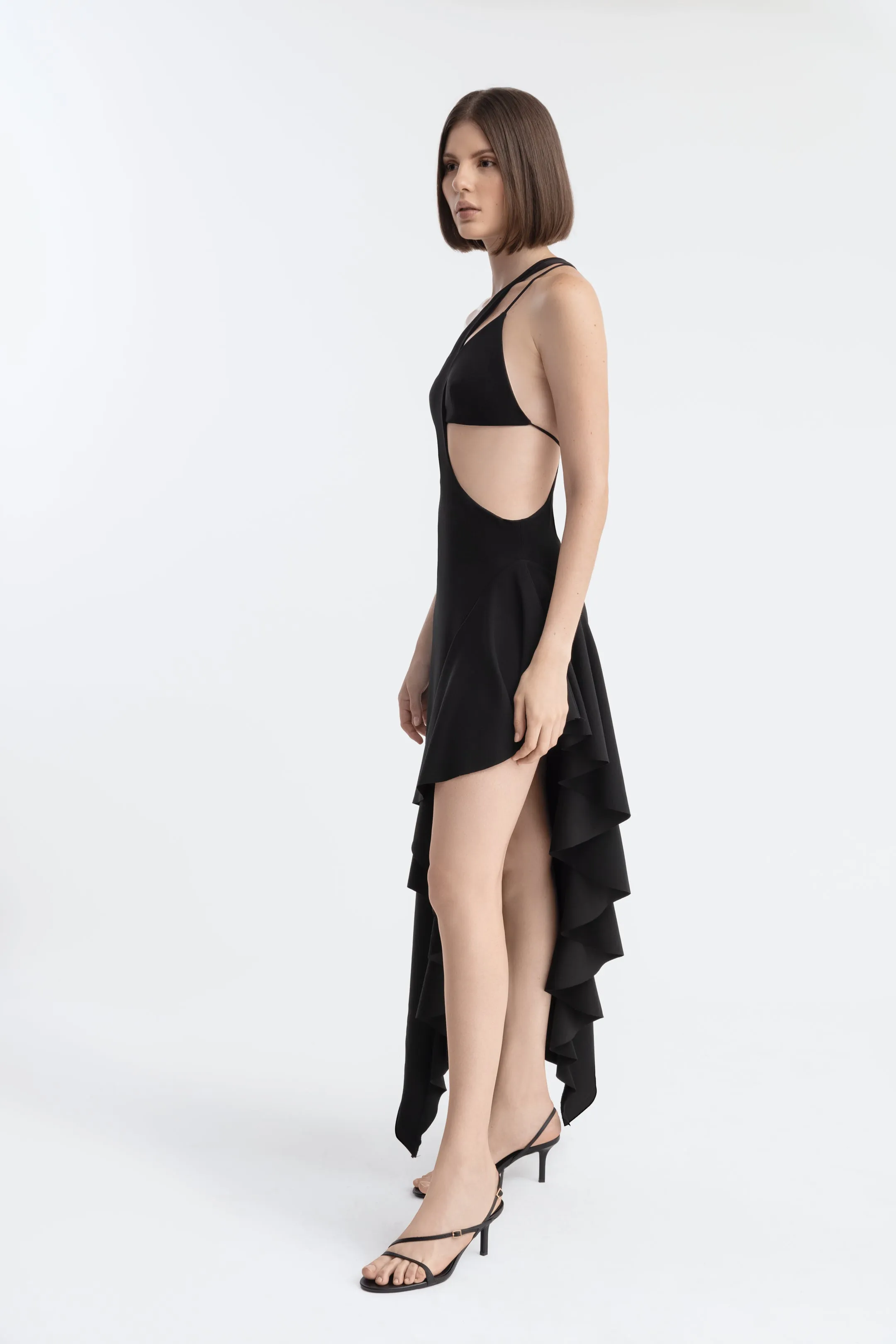 ANNE ASYMMETRIC RUFFLES DRESS BLACK