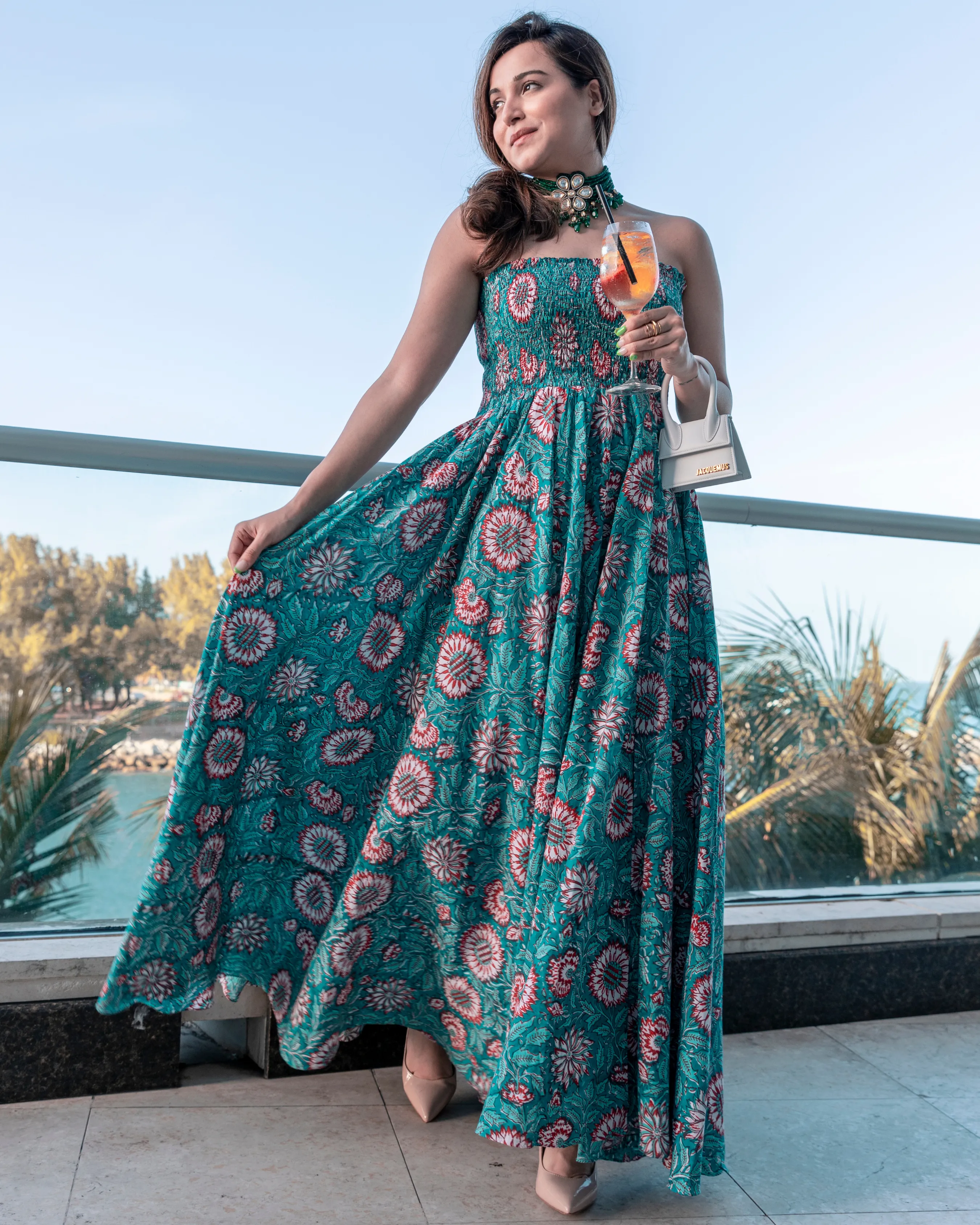 Basil Green Smocked Cotton Dress