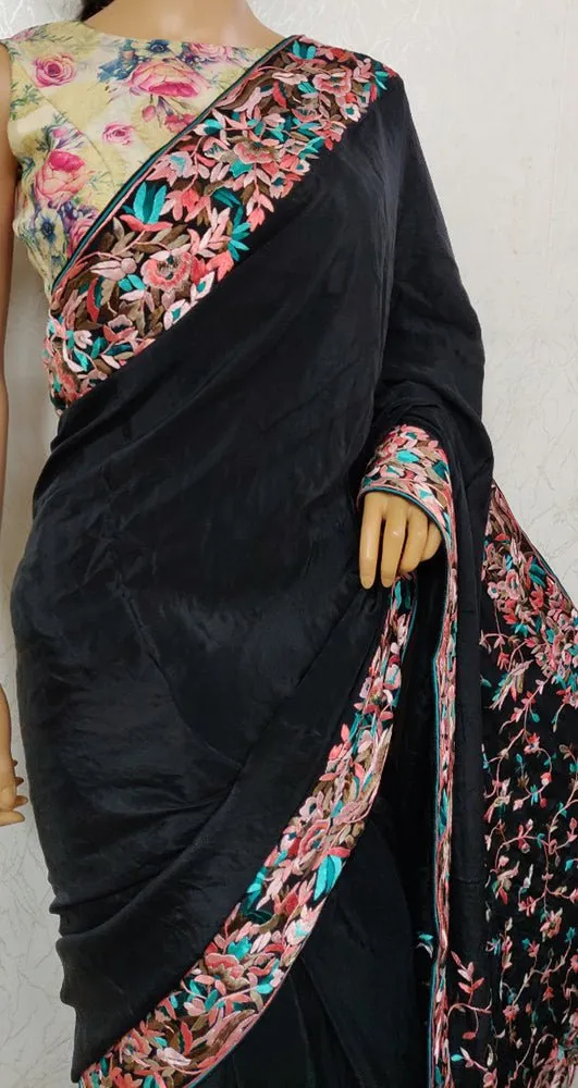 Black Hand Embroidered Parsi Gara Crepe Floral Design Saree