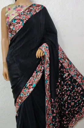 Black Hand Embroidered Parsi Gara Crepe Floral Design Saree