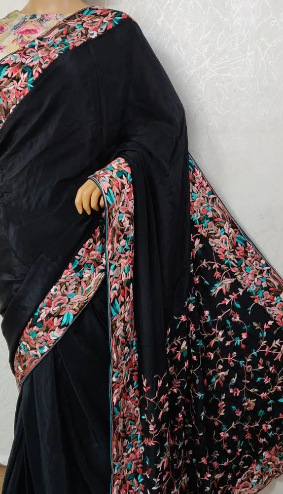 Black Hand Embroidered Parsi Gara Crepe Floral Design Saree