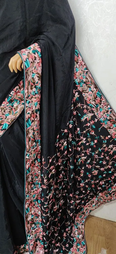 Black Hand Embroidered Parsi Gara Crepe Floral Design Saree