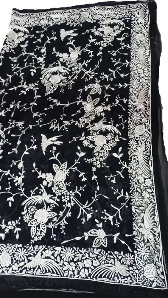 Black Hand Embroidered Parsi Gara Pure Georgette Floral And Bird Design Saree