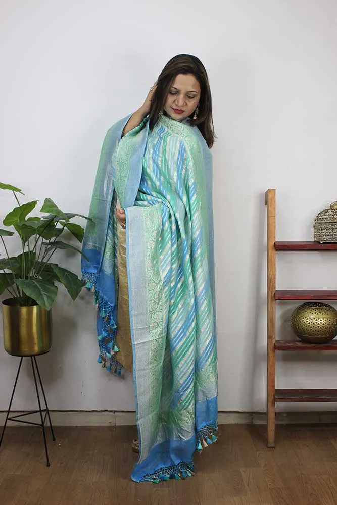 Blue And Green Handloom Banarasi Pure Georgette Brush Dye Dupatta