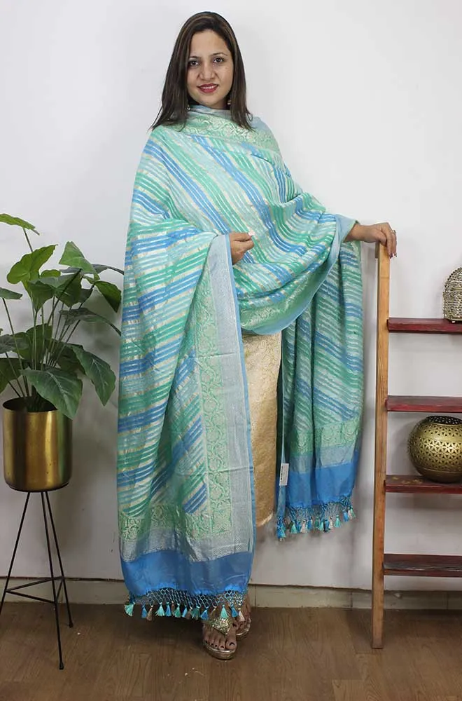 Blue And Green Handloom Banarasi Pure Georgette Brush Dye Dupatta