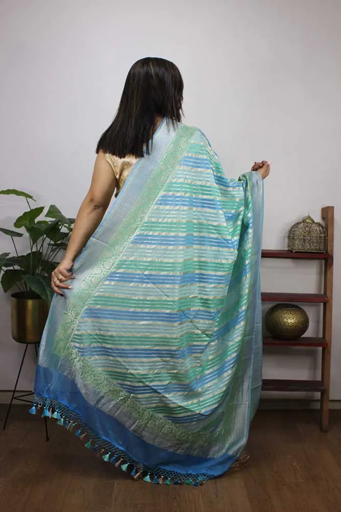 Blue And Green Handloom Banarasi Pure Georgette Brush Dye Dupatta