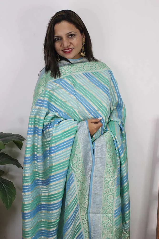 Blue And Green Handloom Banarasi Pure Georgette Brush Dye Dupatta