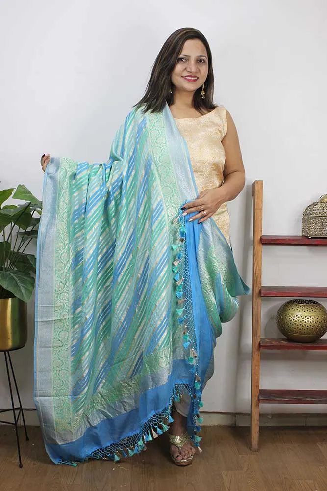 Blue And Green Handloom Banarasi Pure Georgette Brush Dye Dupatta