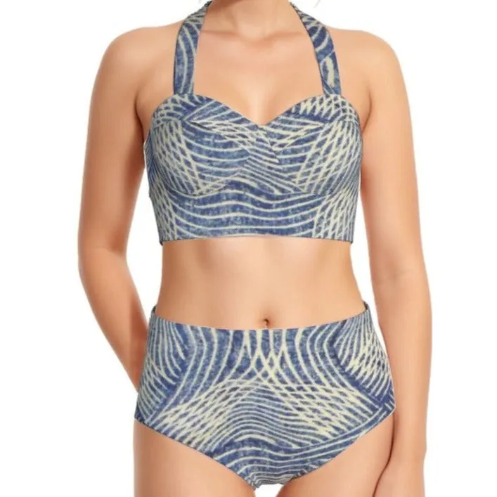 Blue Stripes Women's Swimsuit Set With Halter