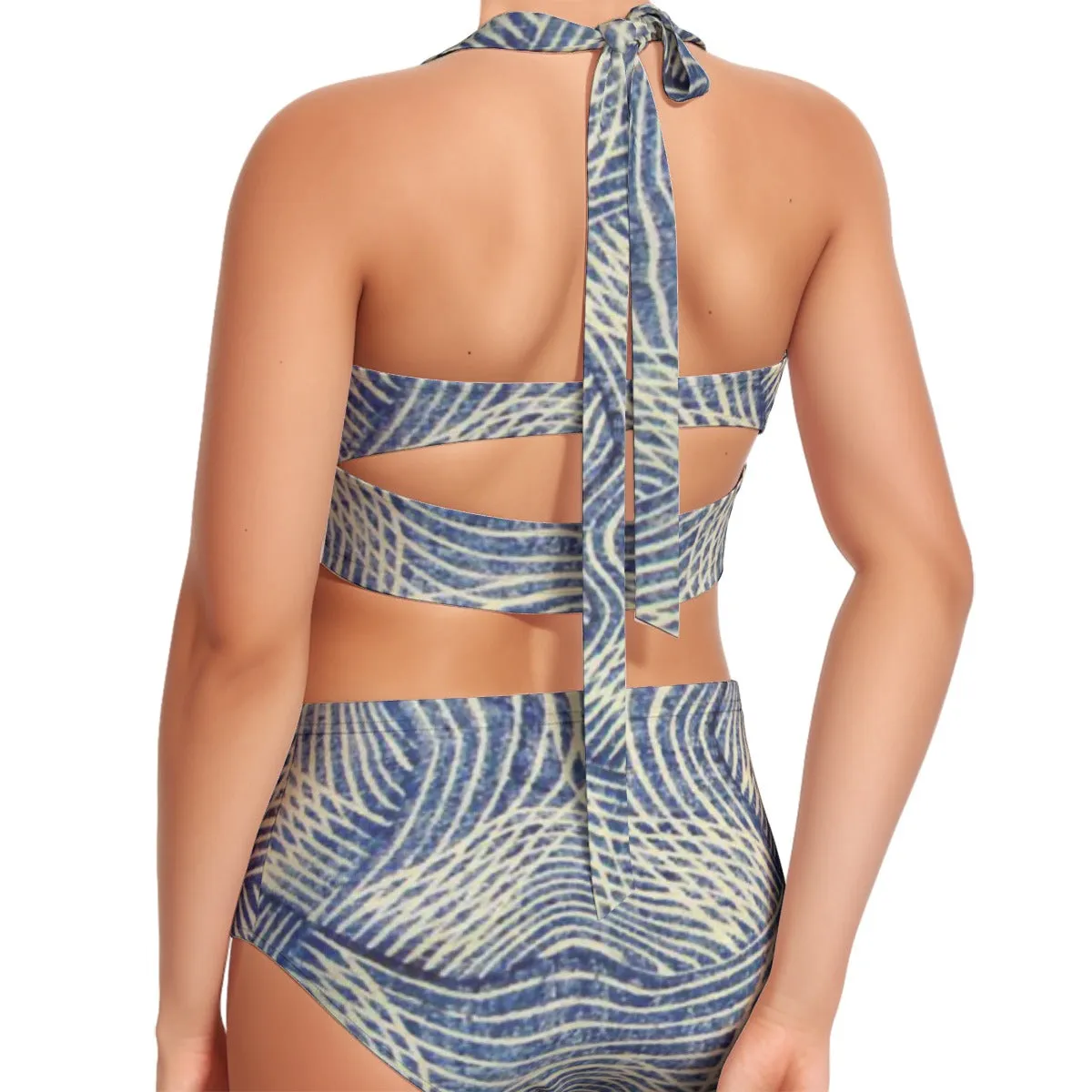 Blue Stripes Women's Swimsuit Set With Halter