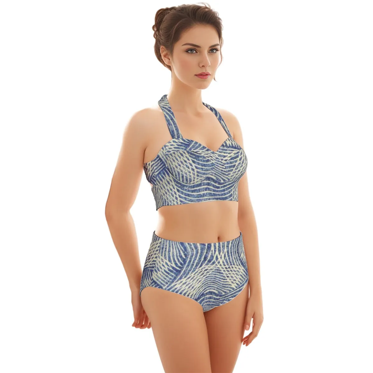 Blue Stripes Women's Swimsuit Set With Halter