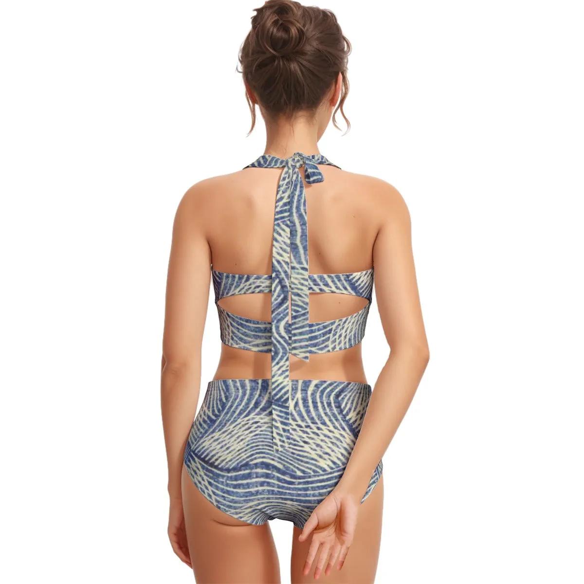 Blue Stripes Women's Swimsuit Set With Halter