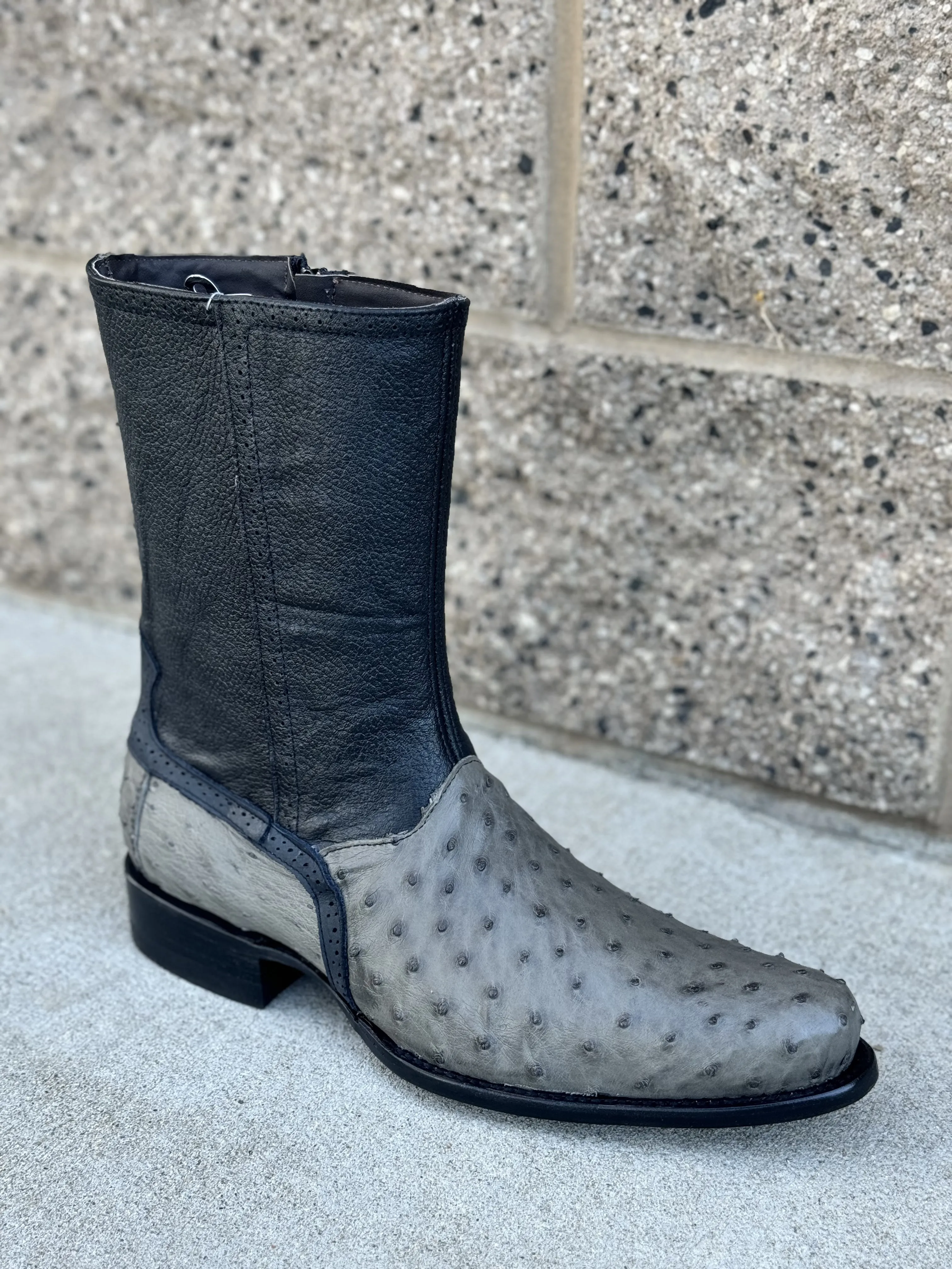 Botin Elegante Piel de Avestruz con Cierre - GRIS