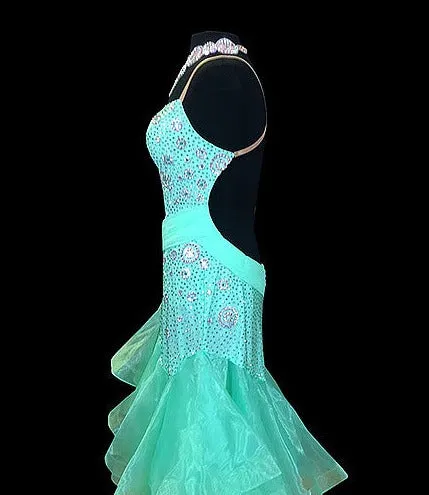 Bright Light Green Latin Dress with Full Skirt and Swarovski Stones LAT036 sz Large