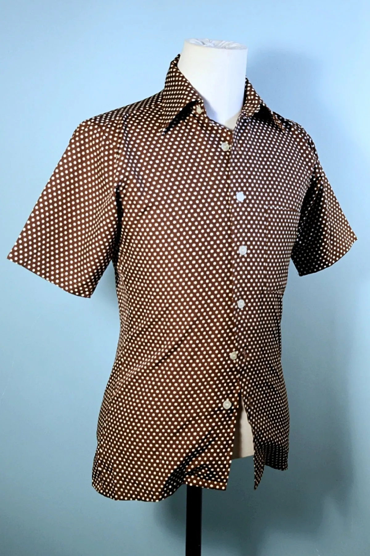 Brown Polka Dot Short Sleeve 70s Polyester Disco Shirt S