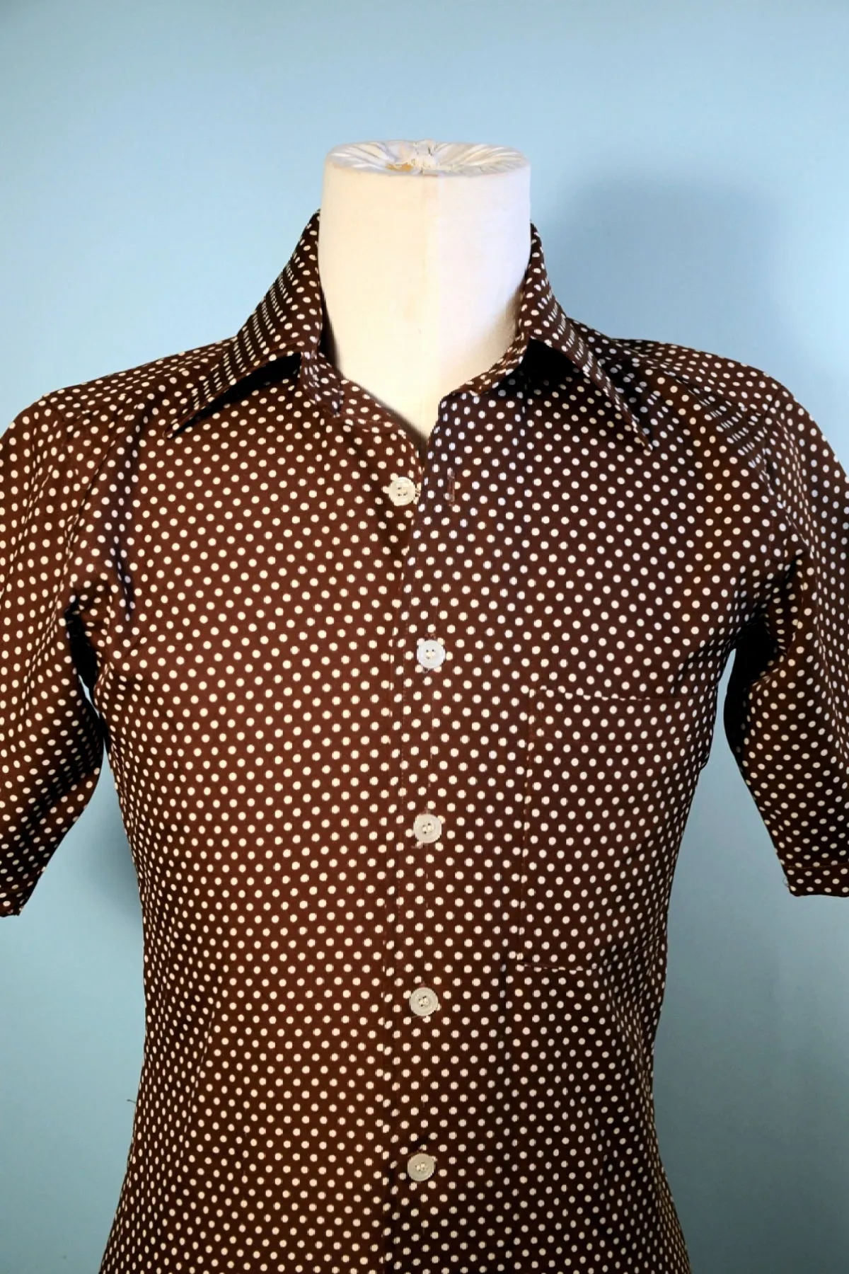 Brown Polka Dot Short Sleeve 70s Polyester Disco Shirt S