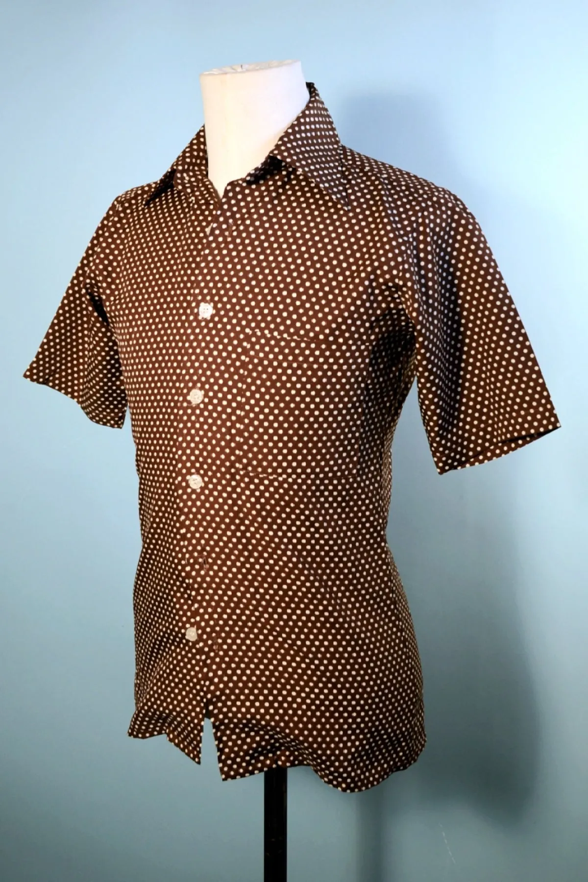 Brown Polka Dot Short Sleeve 70s Polyester Disco Shirt S