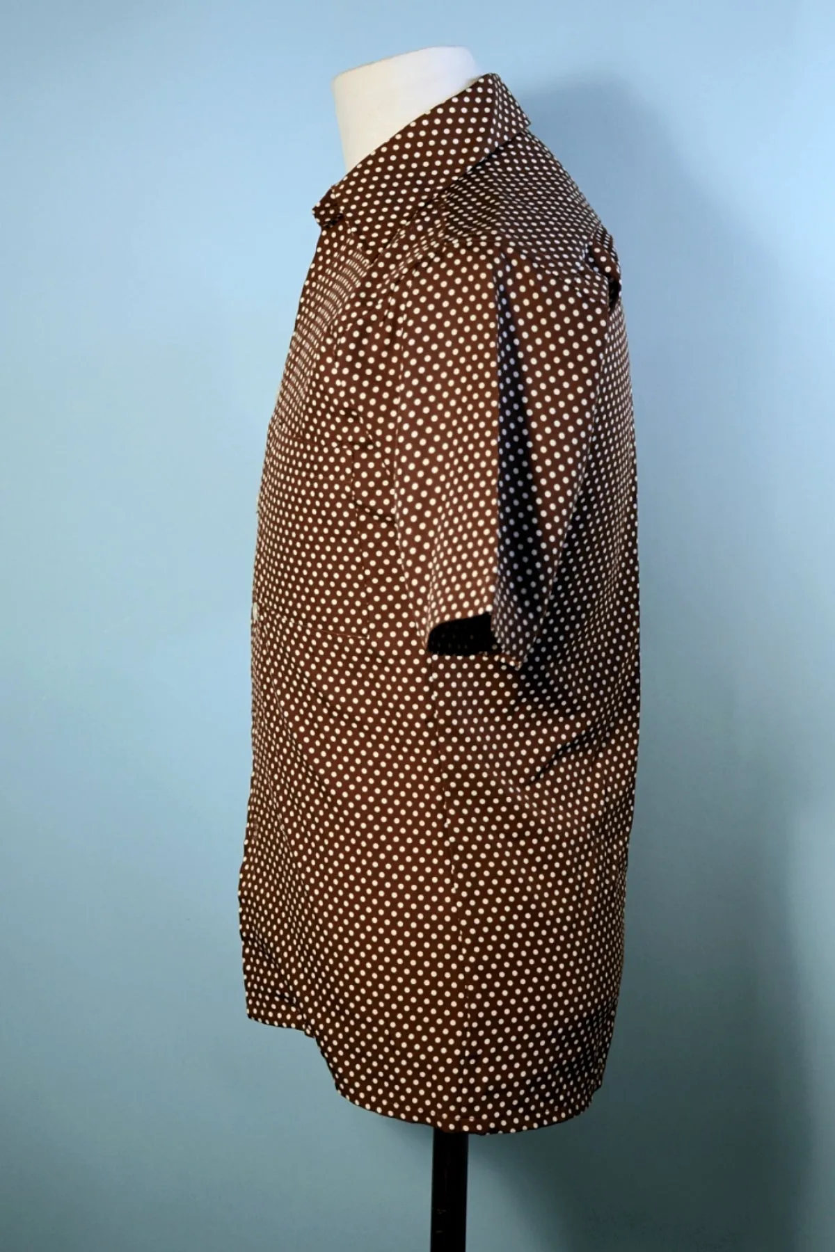 Brown Polka Dot Short Sleeve 70s Polyester Disco Shirt S