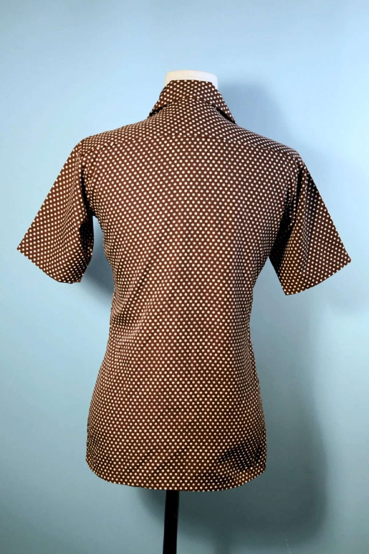 Brown Polka Dot Short Sleeve 70s Polyester Disco Shirt S