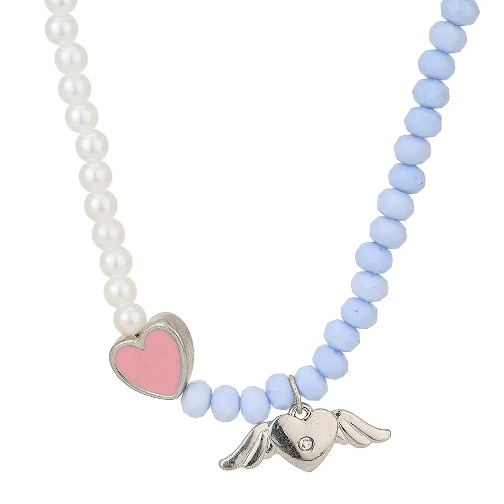 Carlton London Girls White & Blue Rhodium-Plated Enamelled Necklace Kjn060