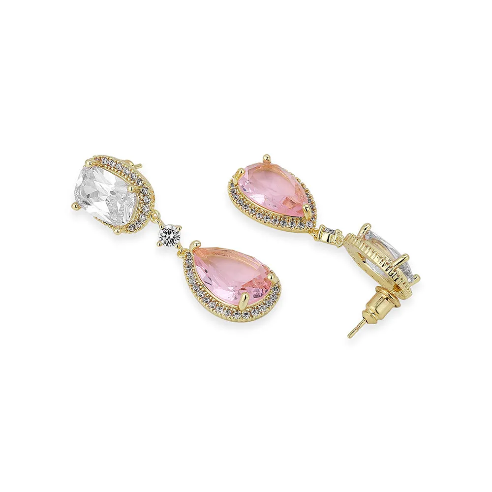 Carlton London Premium Jwlry-Gold & Pink Toned Crystals Studded Gold-Plated Teardrop Shaped Handcrafted Drop Earrings Fje4132