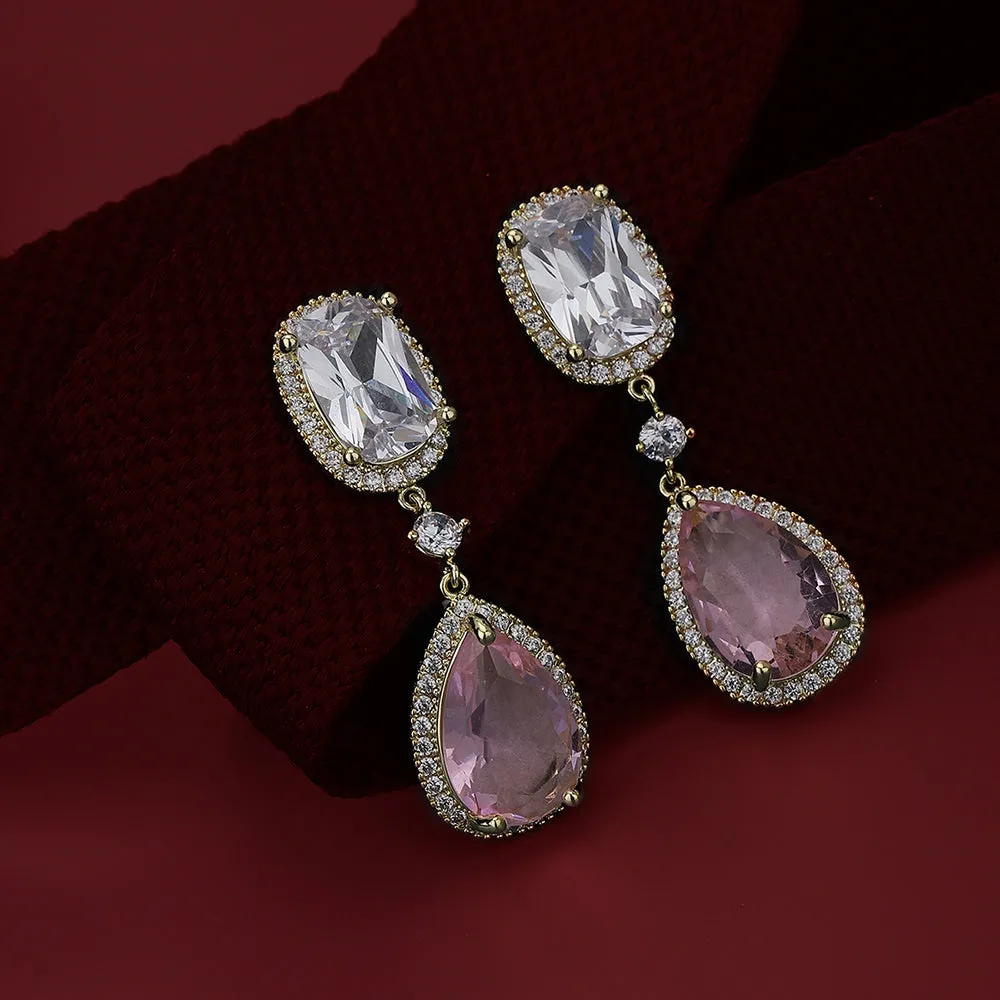 Carlton London Premium Jwlry-Gold & Pink Toned Crystals Studded Gold-Plated Teardrop Shaped Handcrafted Drop Earrings Fje4132