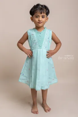 Charming Sea Green Sleeveless Pleated Casual Cotton Frock For Girls