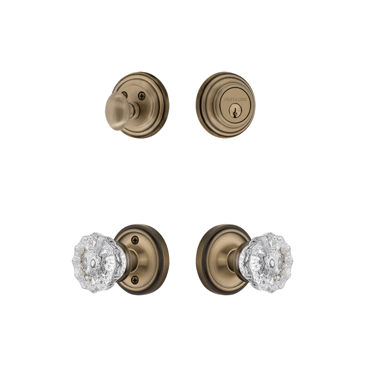 Classic Rosette Entry Set with Crystal Knob in Antique Brass