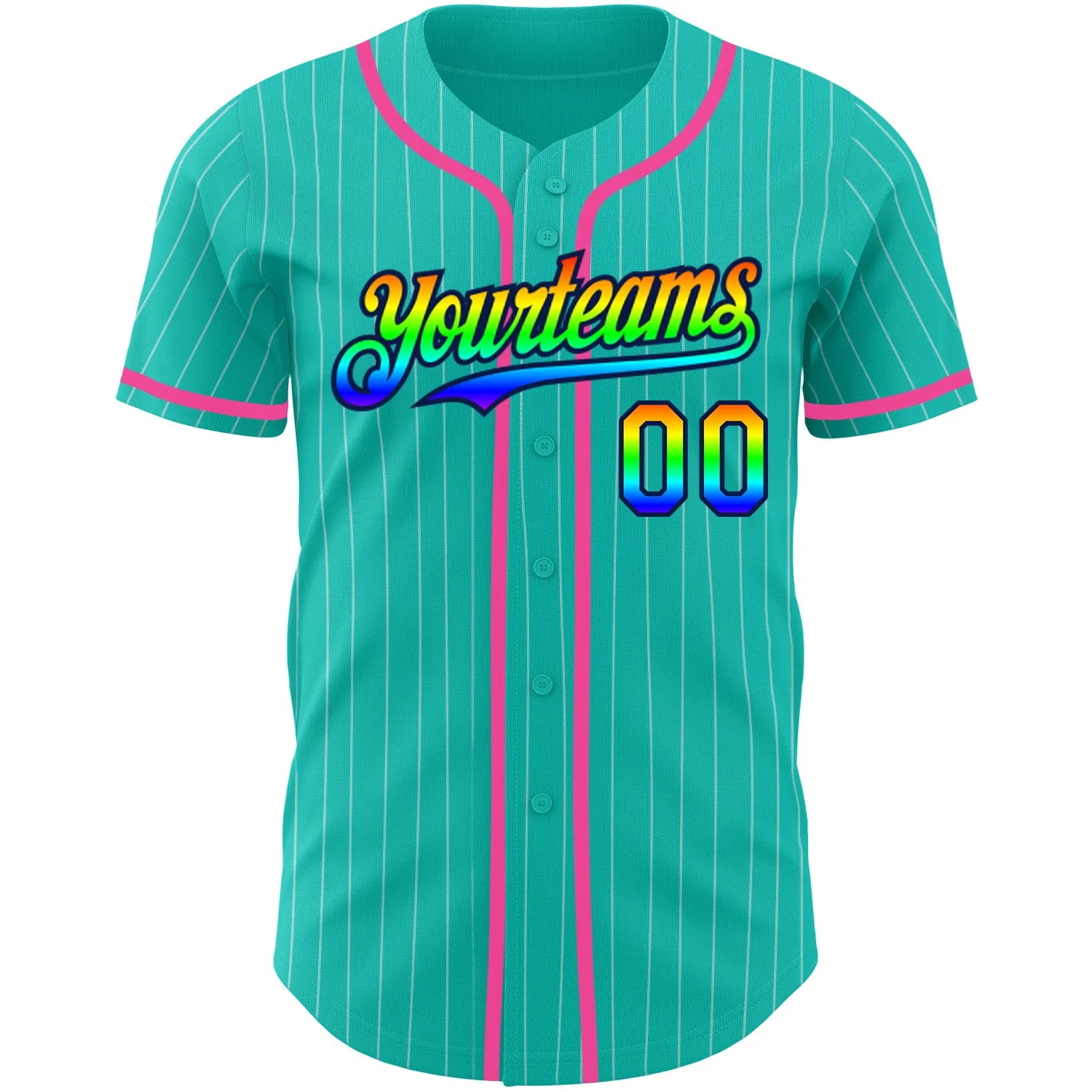 Custom Aqua White Pinstripe Rainbow Navy-Pink 3D Authentic Baseball Jersey