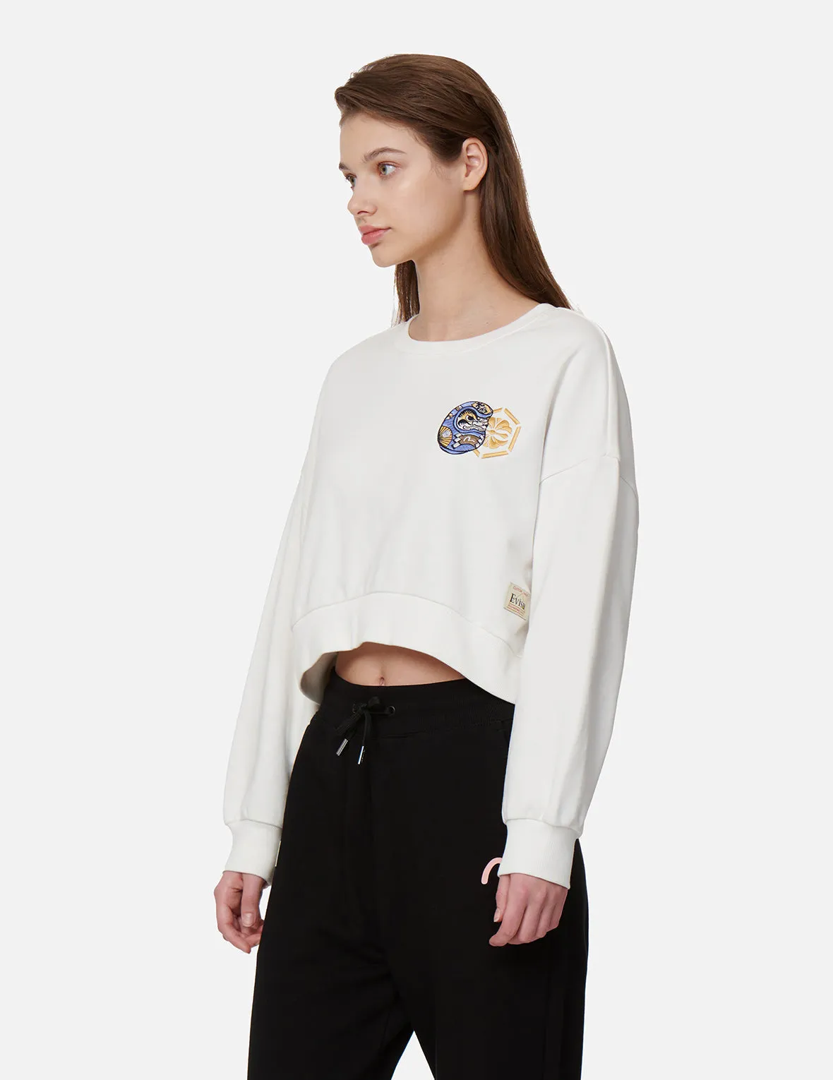 Daruma and Kamon Embroidery Cropped Sweatshirt