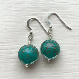 Earrings with teal (green, jade) pastel aventurine dust  Murano glass small lentil drops