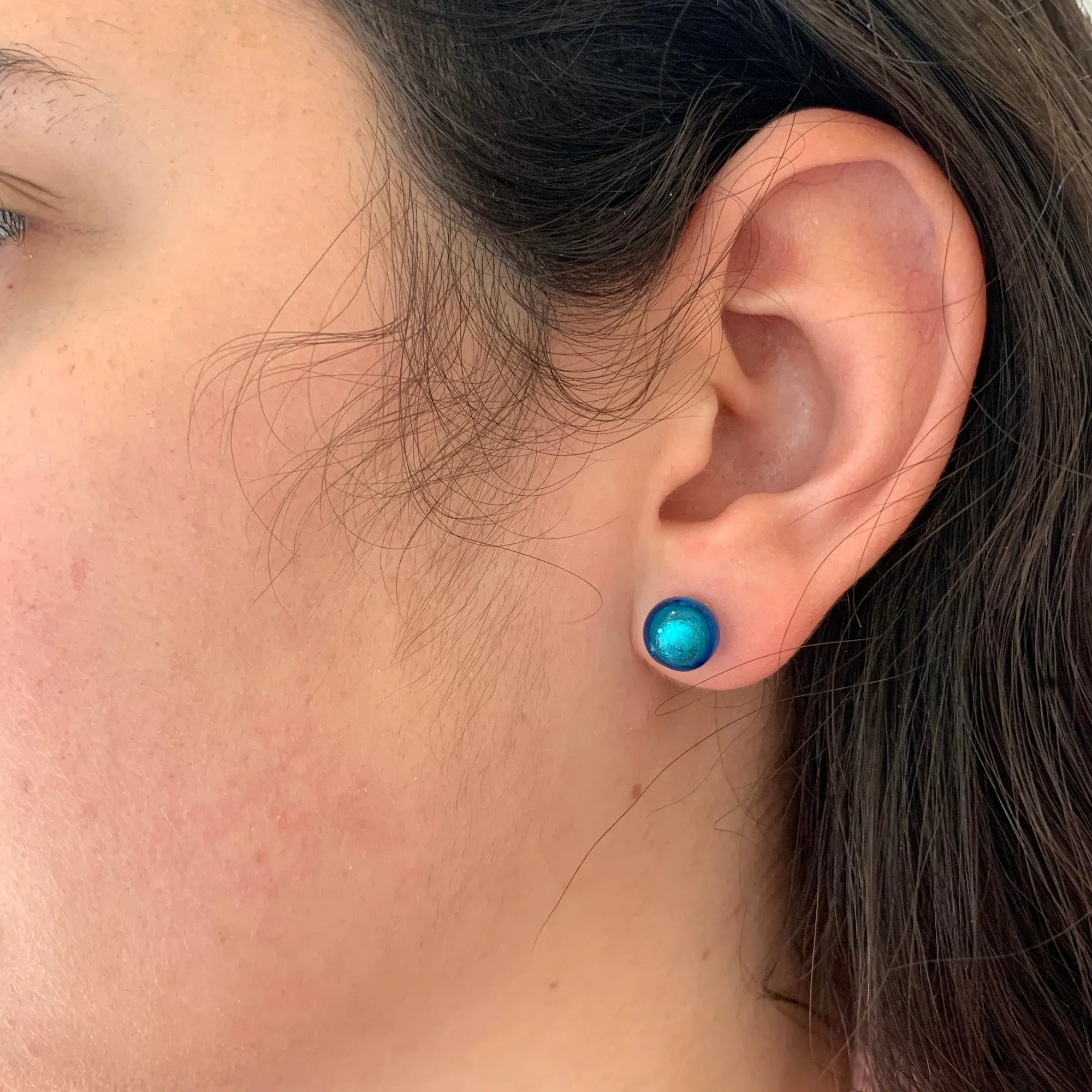 Earrings with turquoise (blue) Murano glass sphere (round) studs on surgical steel posts