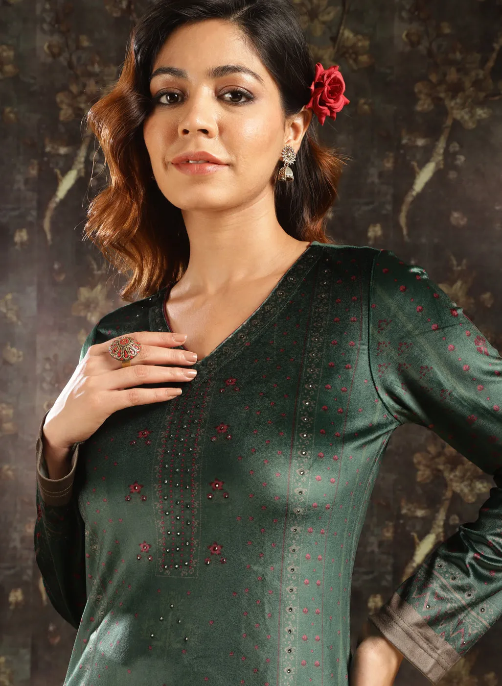 Emerald Green Printed Velvet Kurta Set with Swarovski Work