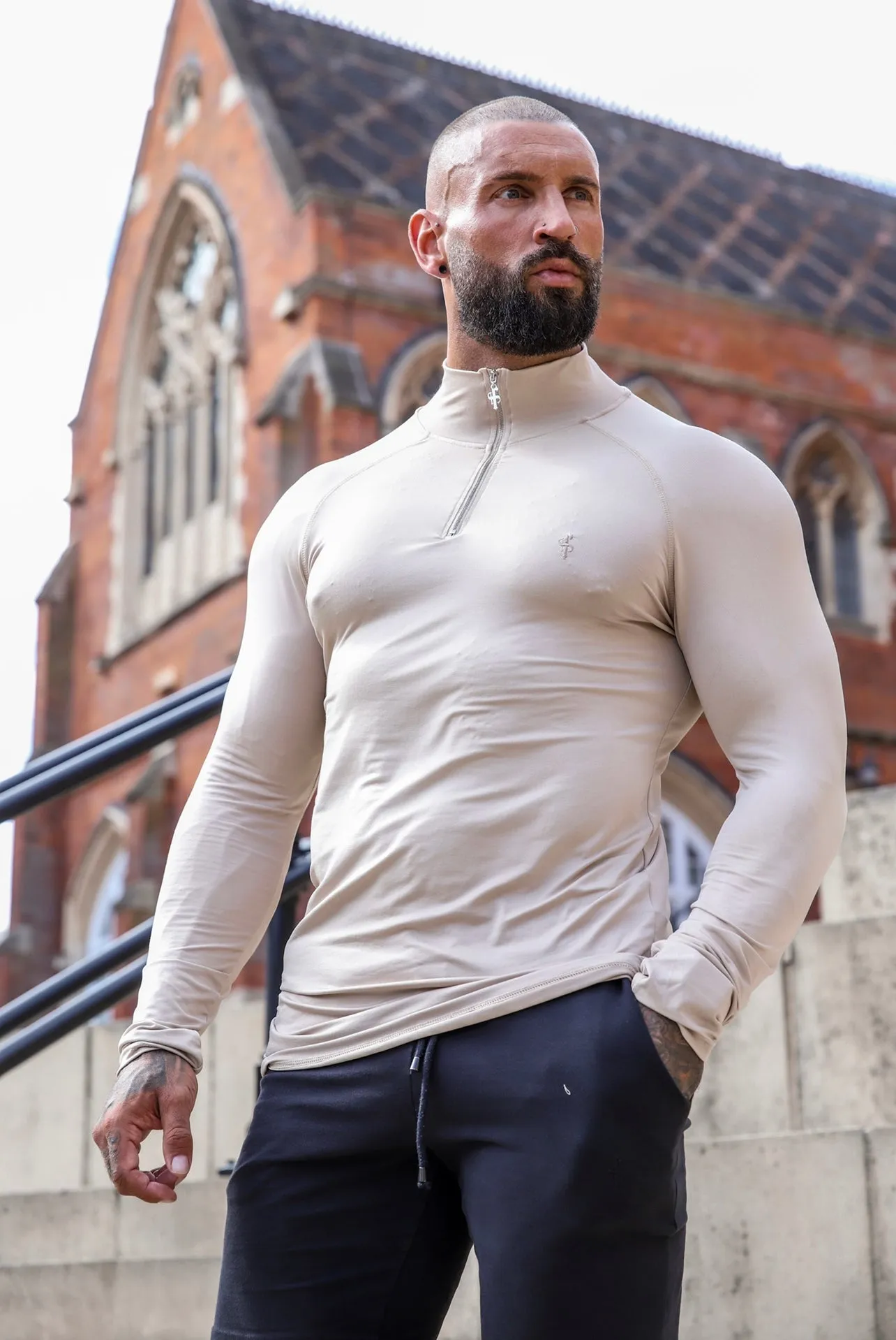 Father Sons Long Sleeve Beige Half Zip Gym Top - FSH749