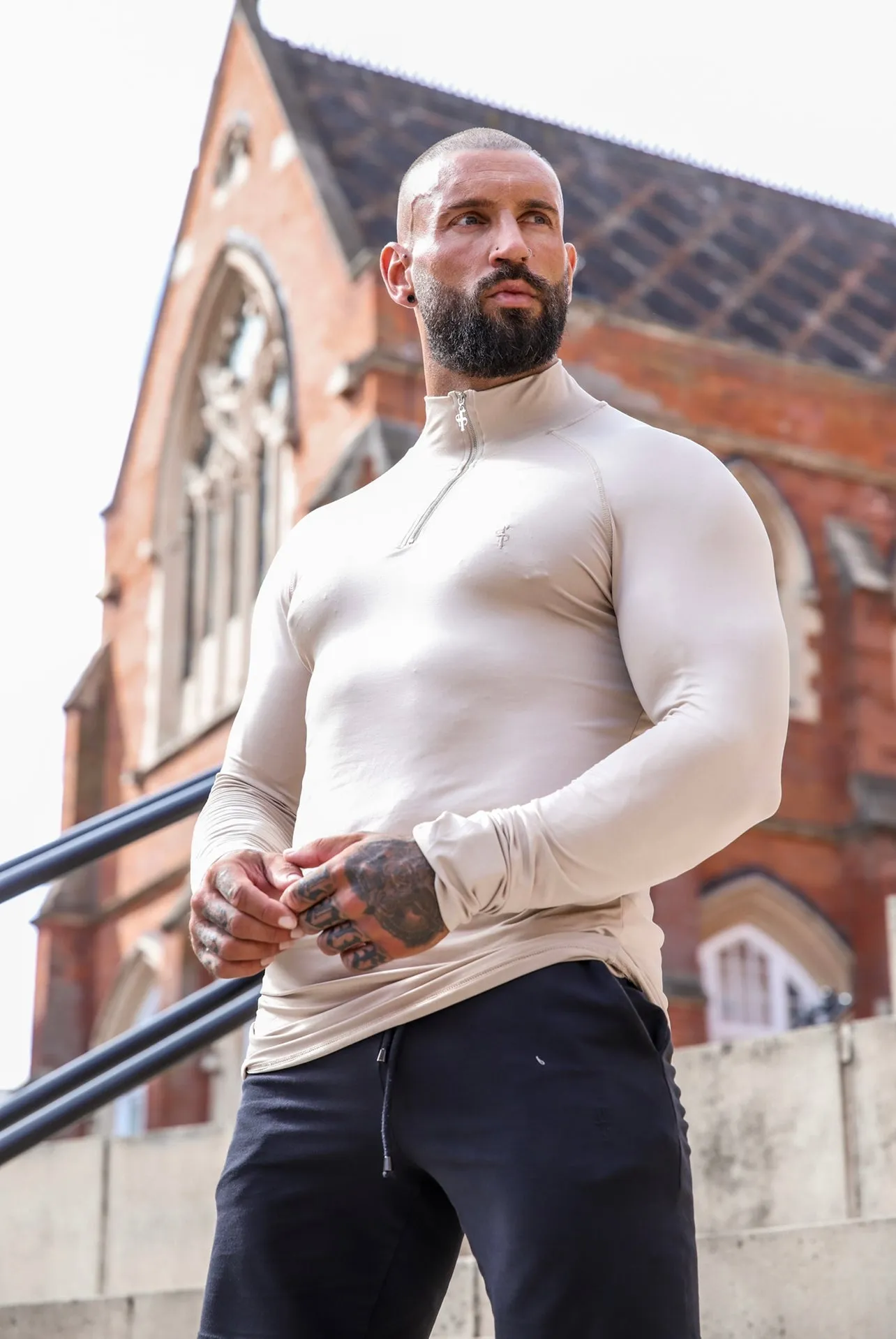 Father Sons Long Sleeve Beige Half Zip Gym Top - FSH749