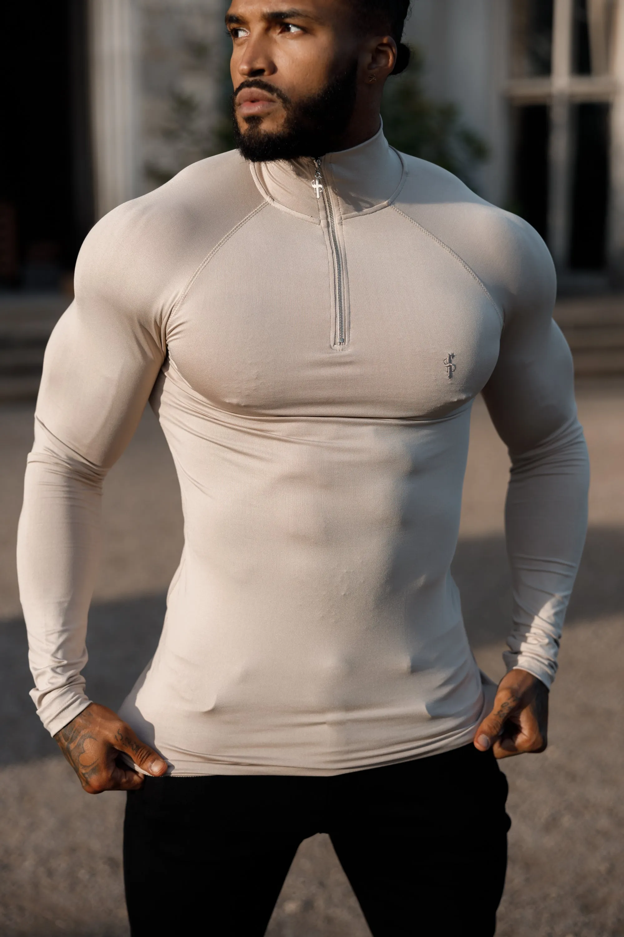 Father Sons Long Sleeve Beige Half Zip Gym Top - FSH749