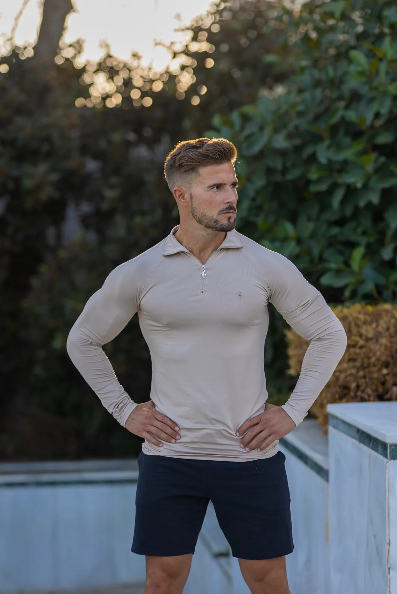 Father Sons Long Sleeve Beige Half Zip Gym Top - FSH749