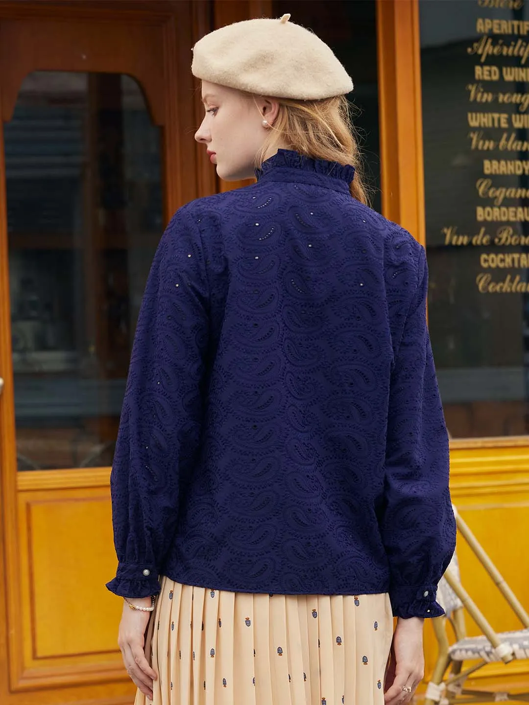 【Final Sale】Victoria Ruffle Mandarin Navy Blue Shirt